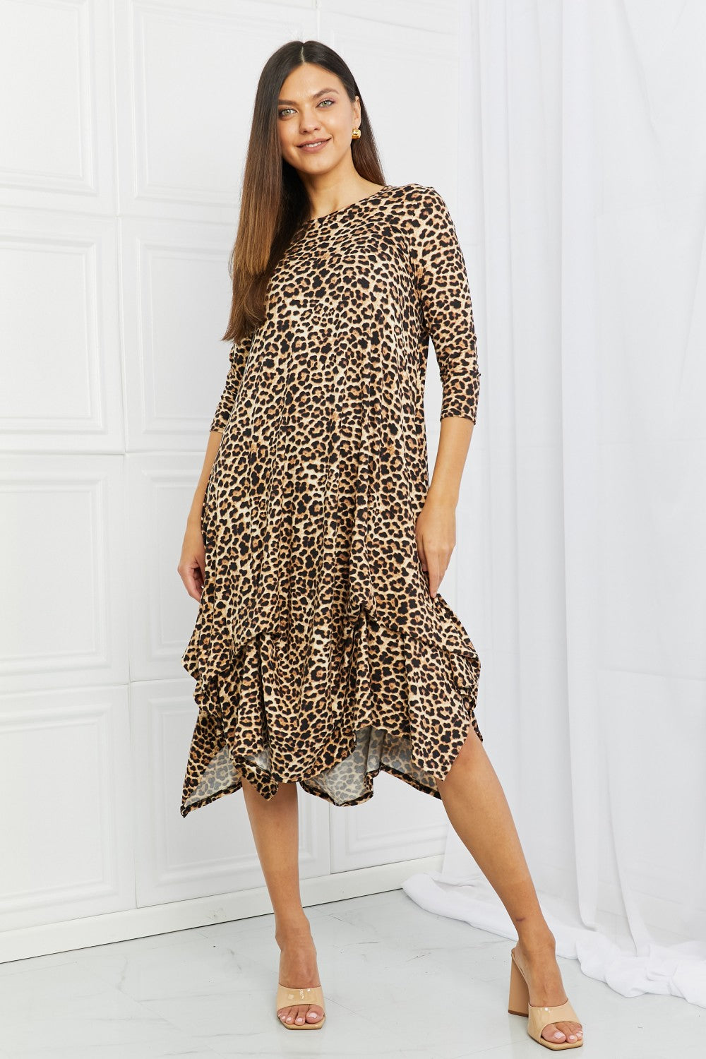 Celeste Good Days Full Size Round Neck Midi Dress in Leopard