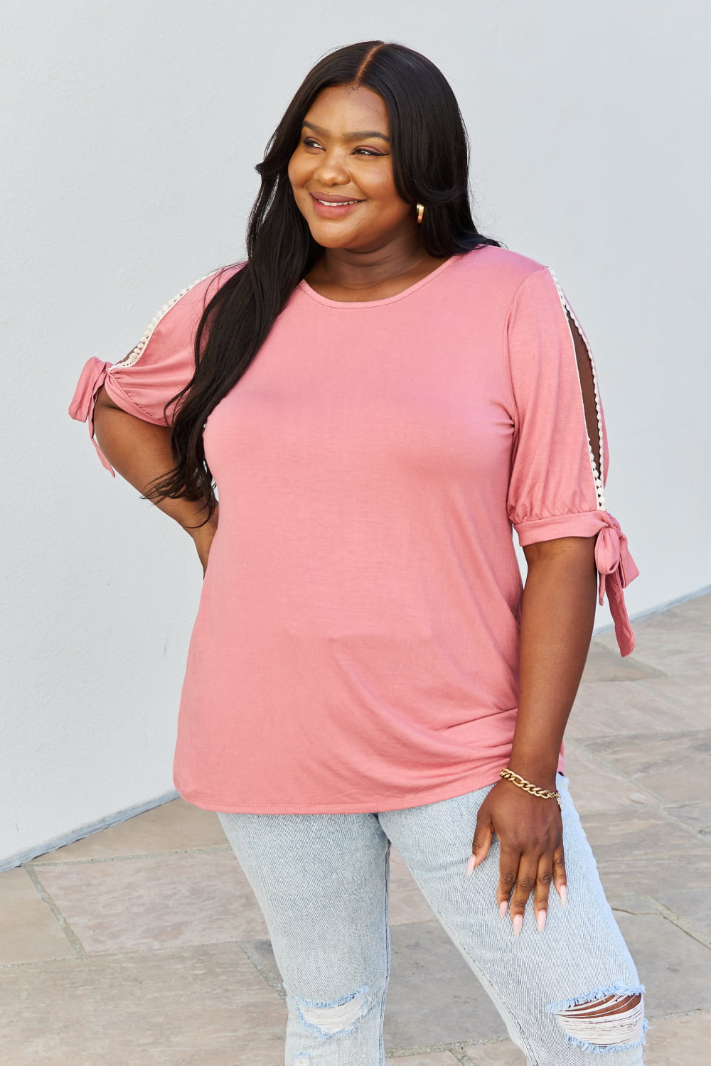 Celeste Full Size Solid Top With Arm Detail in Coral