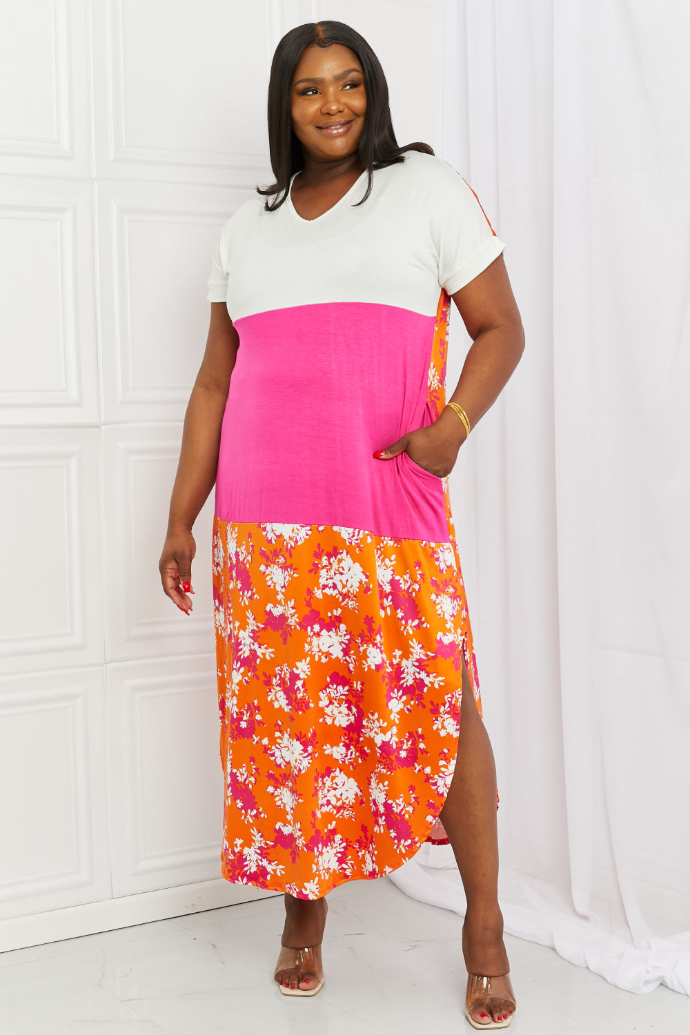 Celeste Spring Forward Full Size Color Block Midi Dress in Ivory/Fuchsia