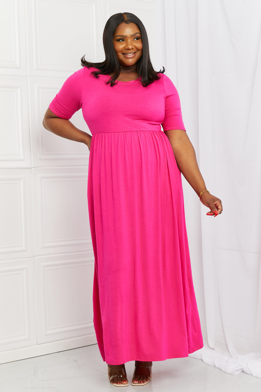 Celeste Sweetheart Full Size Short Sleeve Maxi Dress in Hot Pink