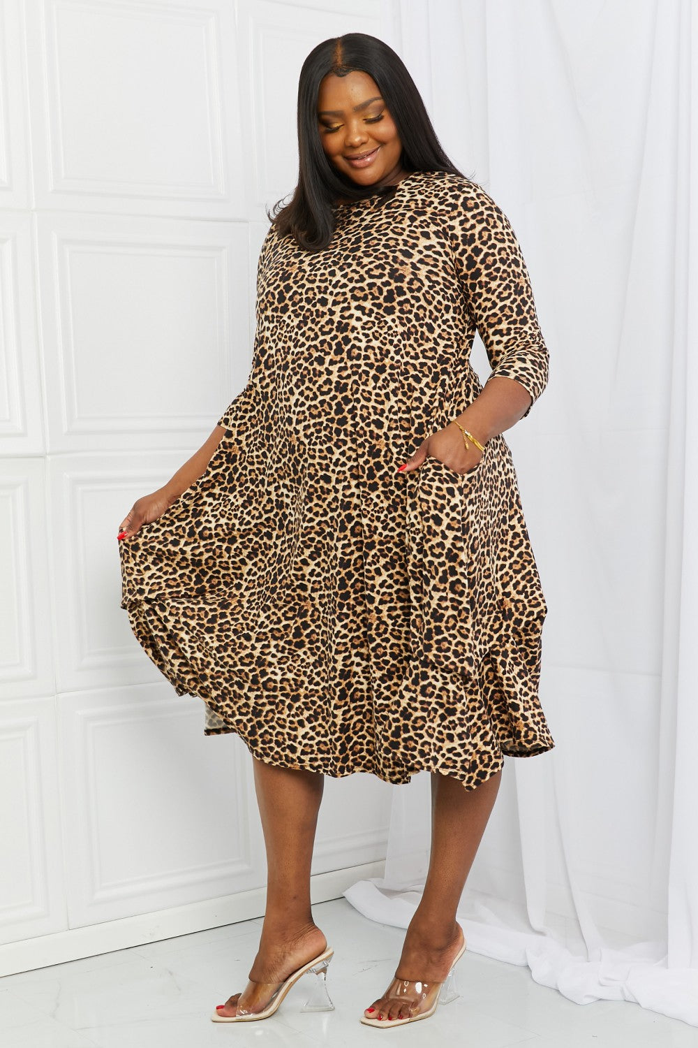 Celeste Good Days Full Size Round Neck Midi Dress in Leopard