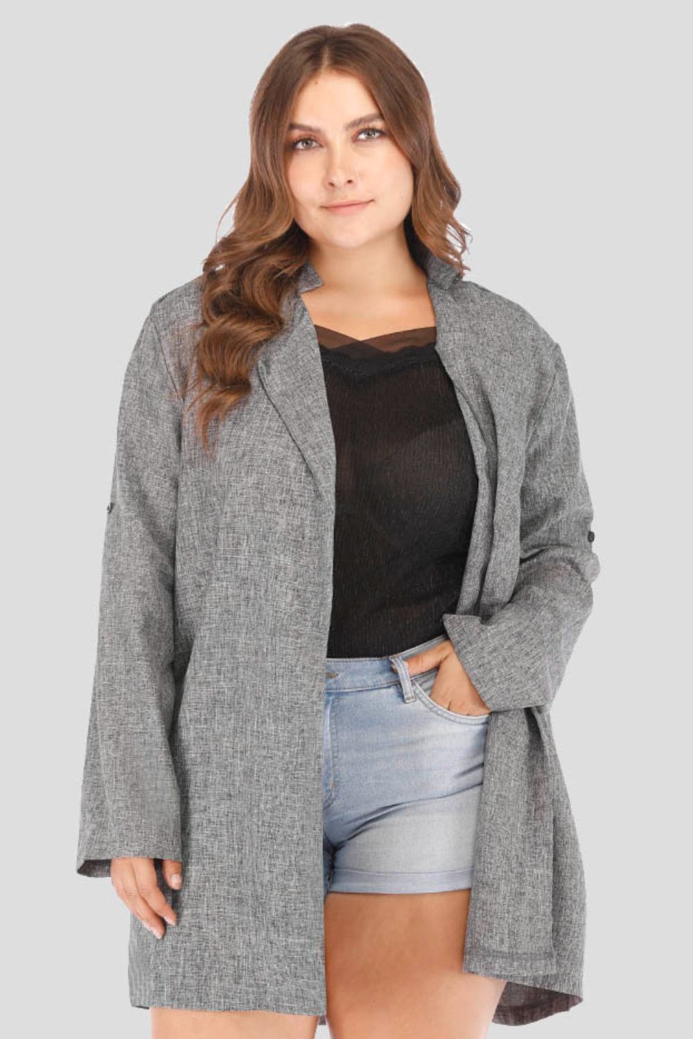 Plus Size Heathered Open Front Trench Coat