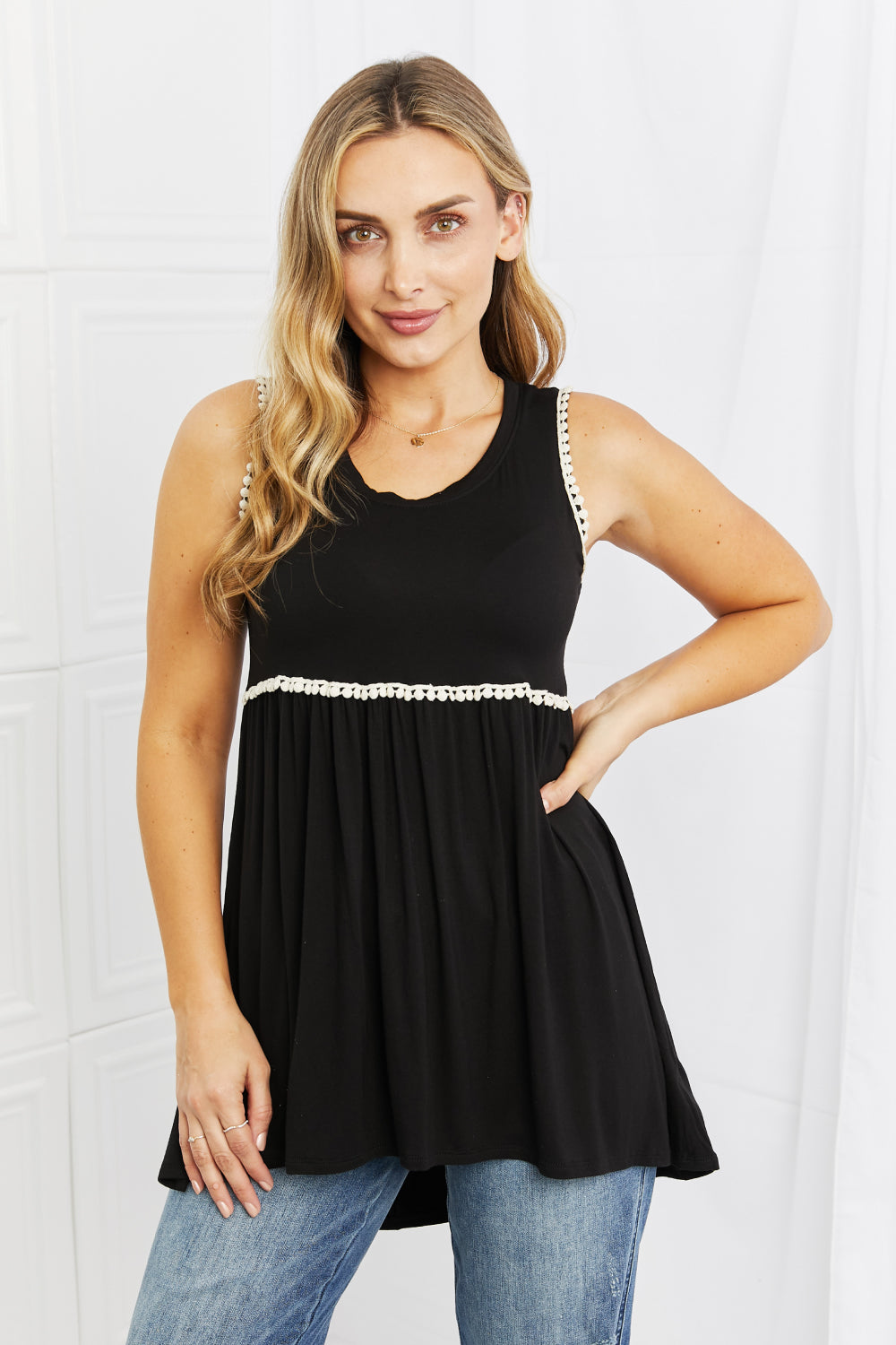 Celeste Next To You Full Size Lace Detail Sleeveless Top in Black
