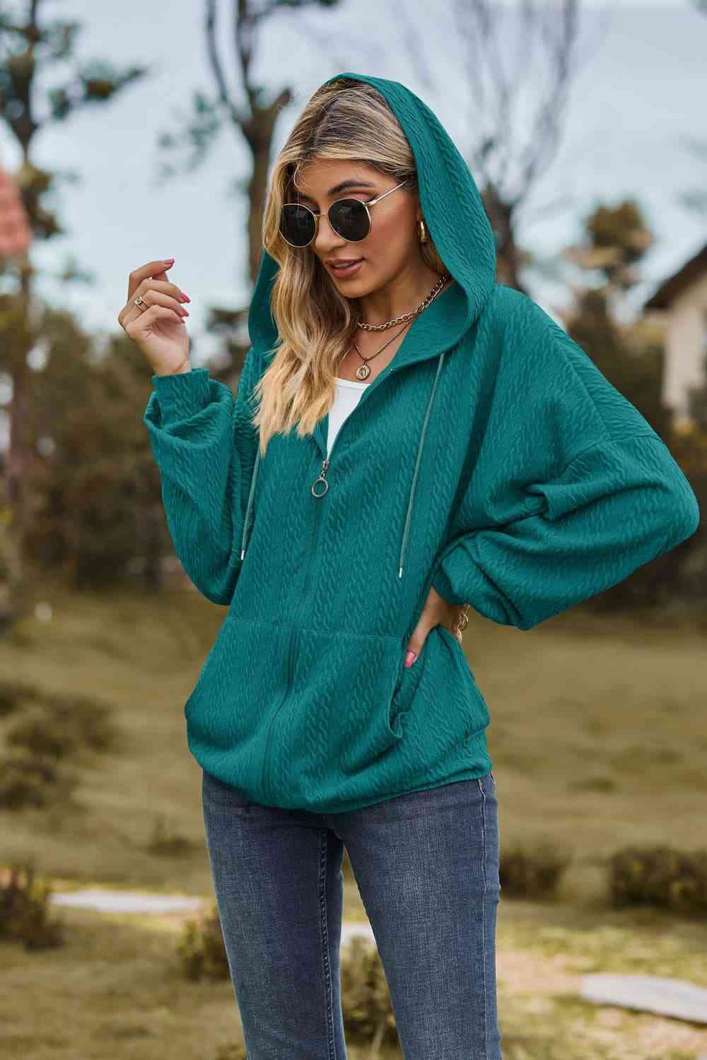 Cable-Knit Long Sleeve Hooded Jacket