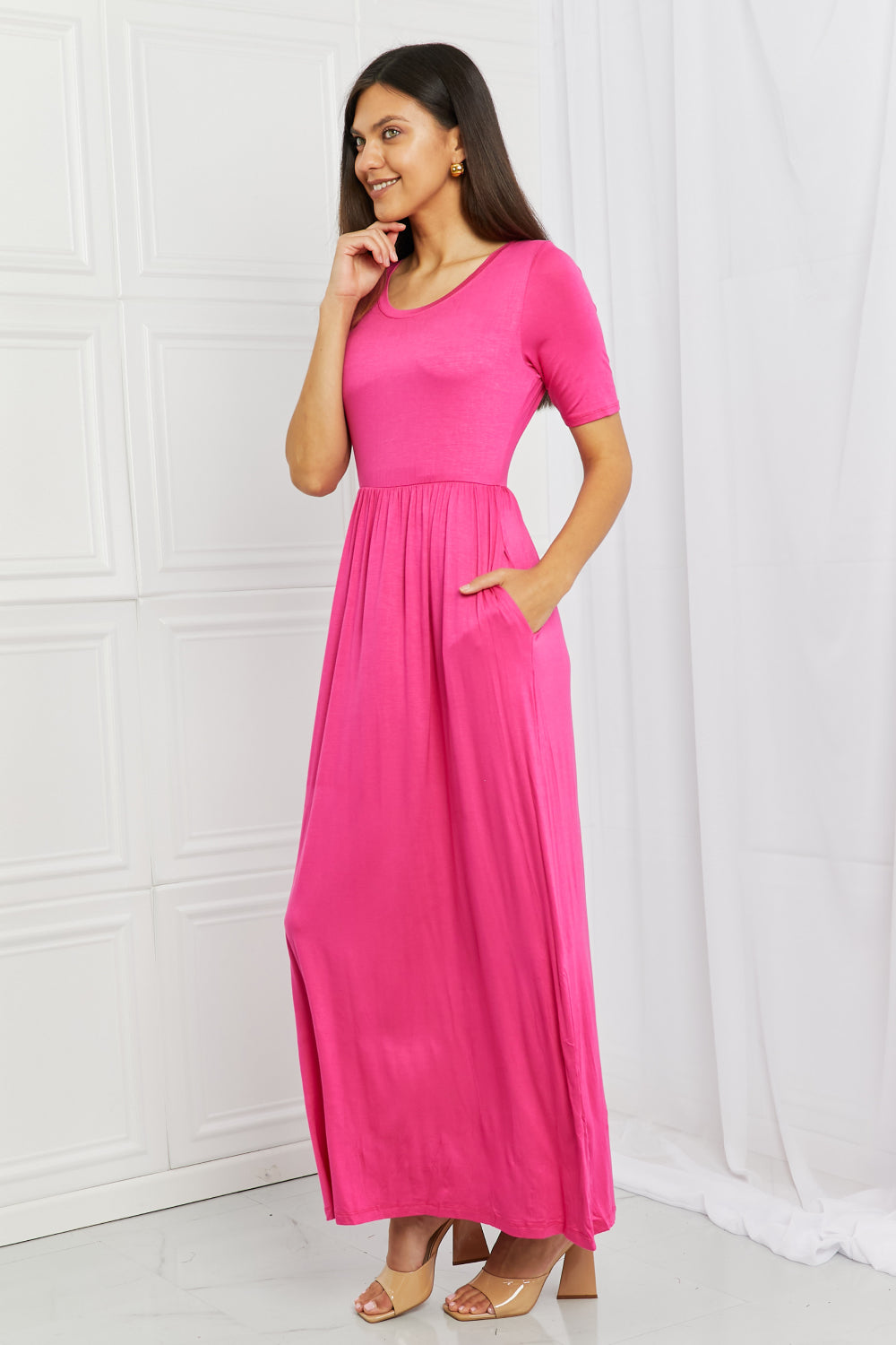 Celeste Sweetheart Full Size Short Sleeve Maxi Dress in Hot Pink