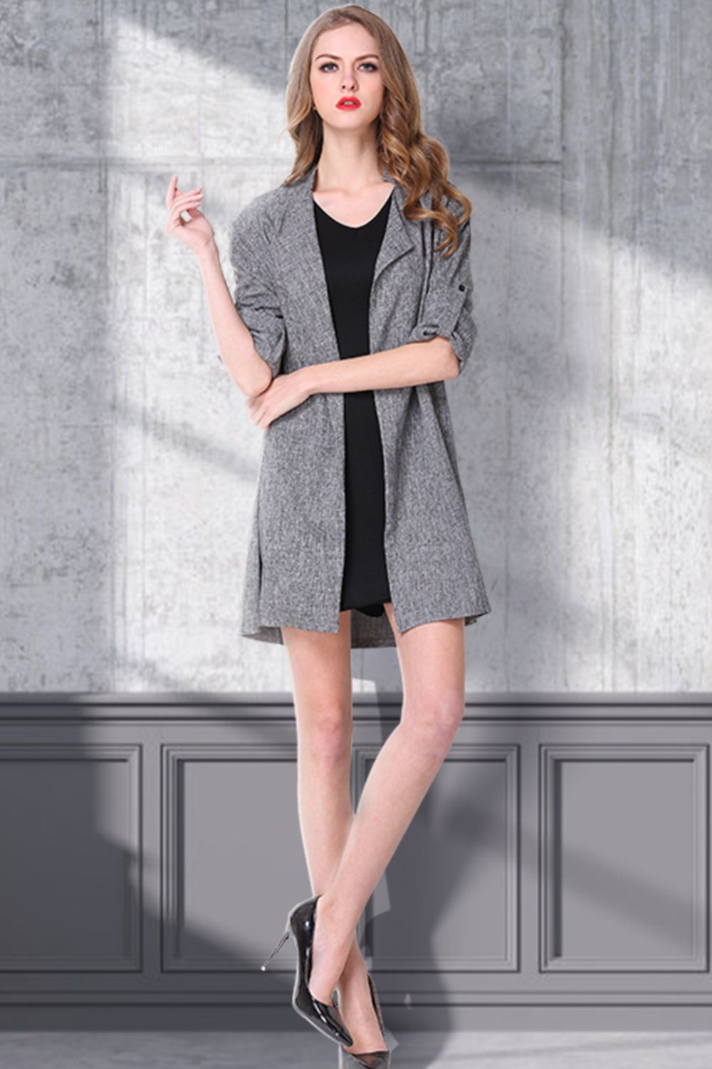 Plus Size Heathered Open Front Trench Coat