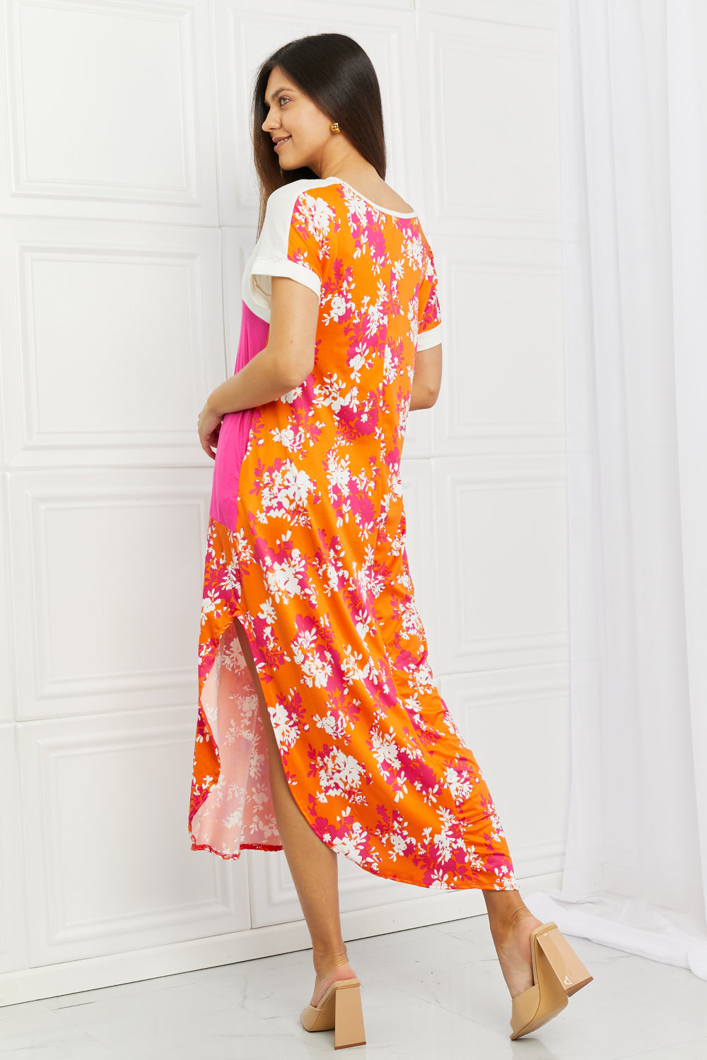 Celeste Spring Forward Full Size Color Block Midi Dress in Ivory/Fuchsia